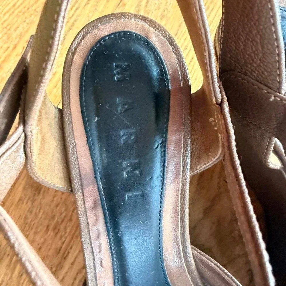Marni Brown Pebbled Leather Platform Wedge Sandals Ankle Strap Made in Italy 38
